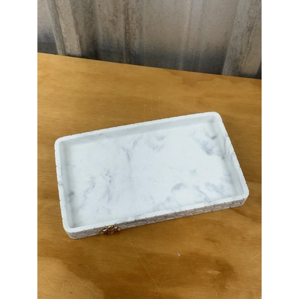 Marble Look Vanity Tray w/ Gold Bee Accent Honeycomb Decorative Catchall 10x6 In